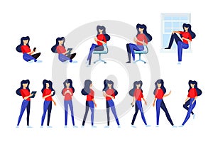 Flat design style illustrations of woman in different poses, use a mobile phone and tablet