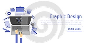 Flat design style modern illustration icons set of graphic designer items and tools, office various objects and equipment.