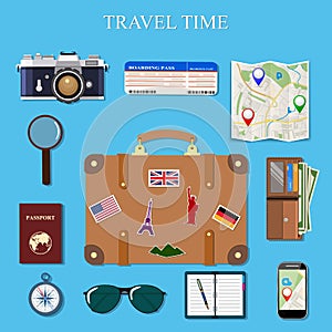 Flat design style modern vector illustration icons set of planning a summer vacation, travelling on holiday journey
