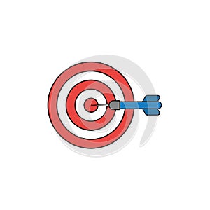 Flat design style vector concept of bullseye with dart icon in the center on white. Colored, black outlines