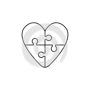 Flat design style vector concept of heart-shaped four jigsaw puzzle pieces icon connected on white. Black outlines