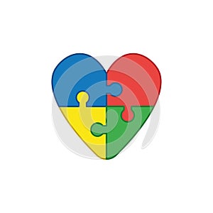 Flat design style vector concept of heart-shaped four jigsaw puzzle pieces icon connected on white. Colored outlines