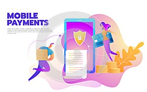 Flat design style vector illustration of modern smartphone with processing of mobile payments from credit card. Internet