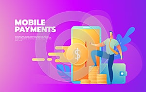 Flat design style vector illustration of modern smartphone with processing of mobile payments from credit card. Internet