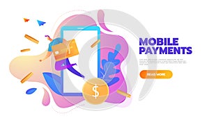 Flat design style vector illustration of modern smartphone with processing of mobile payments from credit card. Internet