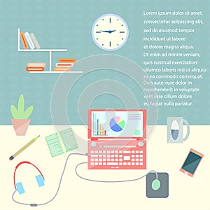 Flat design stylish vector illustration organization of modern business workspace in the office