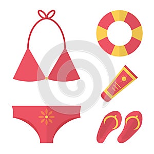 Flat design summer vacation set. Swimsuit, sunscreen, flip flop and air cushion