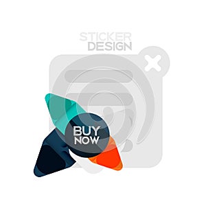 Flat design triangle arrow shape geometric sticker icon, paper style design with buy now sample text, for business or