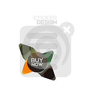 Flat design triangle arrow shape geometric sticker icon, paper style design with buy now sample text, for business or