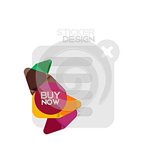 Flat design triangle arrow shape geometric sticker icon, paper style design with buy now sample text, for business or