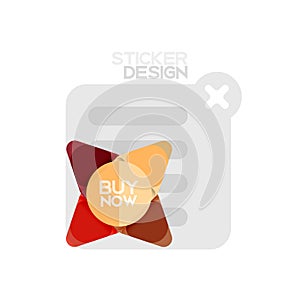 Flat design triangle arrow shape geometric sticker icon, paper style design with buy now sample text, for business or