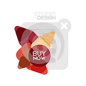 Flat design triangle arrow shape geometric sticker icon, paper style design with buy now sample text, for business or