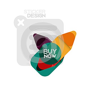 Flat design triangle arrow shape geometric sticker icon, paper style design with buy now sample text, for business or