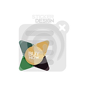 Flat design triangle arrow shape geometric sticker icon, paper style design with buy now sample text, for business or