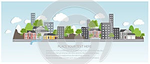 Flat design urban landscape illustration. Cityscape Banner with traditional and modern houses, mountains and trees.