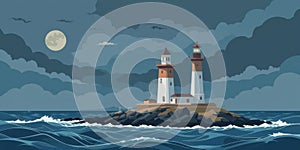 Flat Design Utilizing Solid Colors and Simple Shapes to Create a Minimalist and Appealing Stormy Ocean and Lighthouse Scene