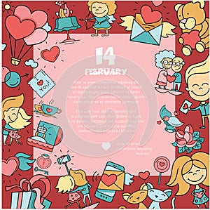 Flat design Valentines day love and romance icons postcard