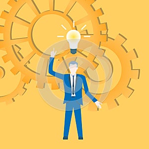 Flat design vector with a businessman inventing an idea with cogwheels in the background.