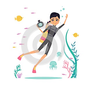 Flat design. Vector character deep-sea diver with a camera for filming underwater flora and fauna. Diver in fins, mask and scuba d