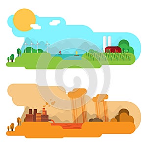 Flat design vector concept illustration with icons of ecology, environment, green energy and pollution
