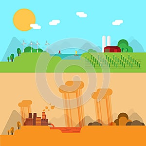 Flat design vector concept illustration with icons of ecology, environment, green energy and pollution