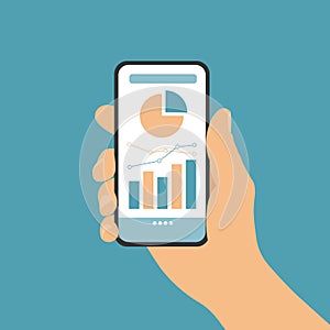 Flat design vector, hand holding mobile phone with white touch screen and financial chart, isolated on green background - suitable