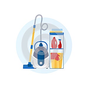 Flat design vector icon of vacuum cleaner, detergent, basket, gloves, rag