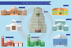 Flat design vector illustration concept for building education icons set. University fire station, bank, city hall, school