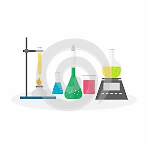 Flat design vector illustration concept of chemistry experiment. Chemical research equipment on white background. Laboratory lab