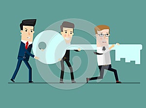 Flat design vector illustration concept of team work. Businessman and businesswoman go to the door with a key.