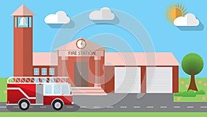 Flat design vector illustration of fire station building and parked fire truck in flat design style, vector illustration