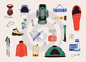 Flat design vector illustration of hiking, trekking or camping objects or equipment.