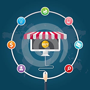 Flat design vector illustration icons of e-commerce symbols, marketing, online shopping