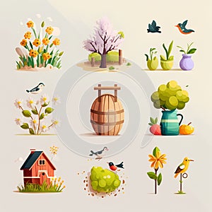 Flat design vector illustration icons set of gardening objects, flowers, plants, trees and birds.