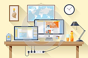 Flat office workspace, workplace