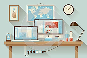 Flat office workspace, workplace