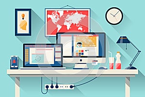 Flat office workspace, workplace