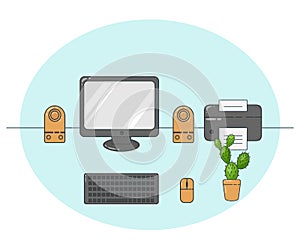 Flat design vector illustration of modern office interior with designer desktop showing design.