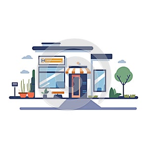 Flat design vector illustration modern store exterior. Commercial building storefront windows