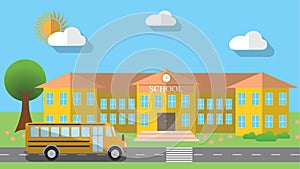 Flat design vector illustration of school building and parked school bus in flat design style, vector illustration