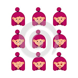 Flat design Vector illustration. Set of girl portrait with various emotions. Expression woman avatar.