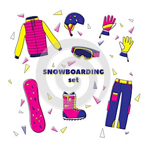 Flat design vector illustration set of snowboard equipment icon . Winter sports. Outfit, clothing, accessories for skiing, snowboa