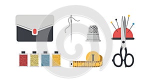 Flat design vector illustration of sewing tools: scissors, thread spools, needle, and thimble