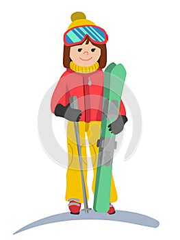 Flat design vector illustration of young woman from the mountain by ski equipped. Smiling happy skier girl. Including