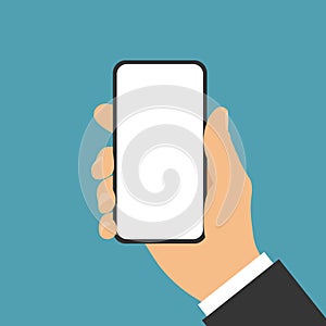Flat design vector - manager`s hand holding mobile phone with blank white touch screen, space for your text or image for