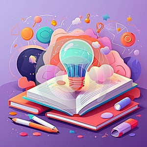 Flat-Design Vector of Open Book Morphing into Lightbulb with Educational Icons