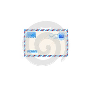 Flat design of vintage airmail envelope with stamps and postal marks. Retro correspondence, mail delivery concept