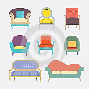 Flat Design Vintage Sofa Icons Set Vector