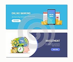 Flat design web banners for online banking, investment. Modern business concepts templates. Vector illustration