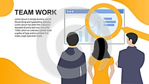 Flat design web landing page. Business analytics women and two men.